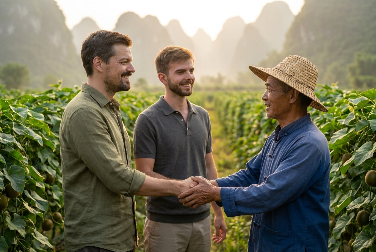 Cani & Stefano mit Mönchsfrucht-Bauer in Guangxi